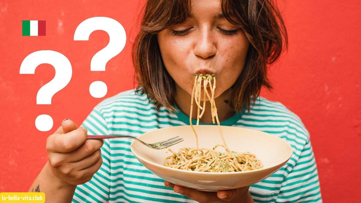 tytułowy quiz o makaronie: kobieta zjada spaghetti - quiz o makaronie